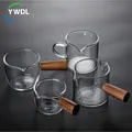 YWDL 50/75/100/140ml Wood Handle Glass Espresso Measuring Cup Single Mouth Milk Jug Coffee Supplies