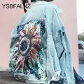 Women Denim Jacket Feminine Spring Autumn Boho Sequin Floral Appliques Embroidery Coat Long Sleeve