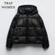 Women's Jackets 30446225800 Faux Leather Short Hooded Padded Jacket Autumn and Winter New Padded