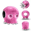 Real 925 Sterling Silver Pink Octopus Cute Round Charm Fit Original Pandora Bracelet DIY Silver