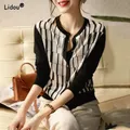 Black White Lattice O-Neck Spliced Cardigan Ice Silk Knitting Single Breasted Women's Clothing