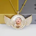 Custom Baby Photo Angel Wings Pendant with Long Chain Rhinestones Necklace Personalized Glass Dome