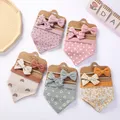 3Pcs/Set Muslin Cotton Baby Bib Bow Headband Adjustable Button Triangle Saliva Towel Print Infant