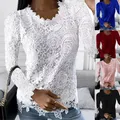 Women Spring Autumn Tops Crochet Lace Tees Sexy Vintage Full Long Sleeve 5XL T Shirts Loose Casual
