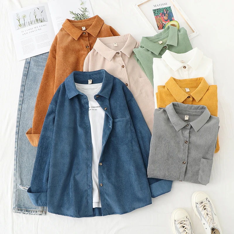 Corduroy Women Blouses Shirts Tunic Womens Tops And Blouses 2024 Womenswear Long Sleeve Clothing Button Up Down Loose White New