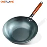 "Flat Bottom Wok Pan 13.5"" Woks and Stir Fry Pans Blue iron Cookware Traditional Chinese Cookware for"