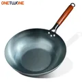 Flat Bottom Wok Pan 13.5" Woks and Stir Fry Pans Blue iron Cookware Traditional Chinese Cookware for