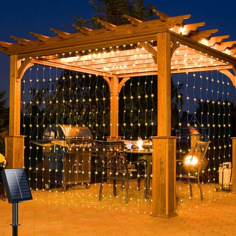 Solar Curtain Light Outdoor Waterproof Solar Fairy Garland String Lights Garden Yard Pavilion Wedding Party Holiday Decor Lights