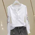 Cotton Slim Women T-shirts 2024 Summer New V-neck Emboridery Long-sleeved Female All Match Casual