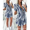 Zebra Stripe Print Button Front Shirt Dress Women Fashion Casual Short Sleeve Single Breasted Button