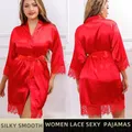 Women Ice Silk Pajamas Robes Sleepwear Nightgowns Nightdress Red Black L XL Lace Smooth Soft