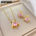 DIEYURO 316L Stainless Steel Pink Zirconia Crystal Pendant Necklace Earrings For Women Girl New