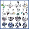 Charms Plata Of Ley 925 Silver Pink Heart LOVE Zircon Beads Sunflower Clover Charms Pendant Fit