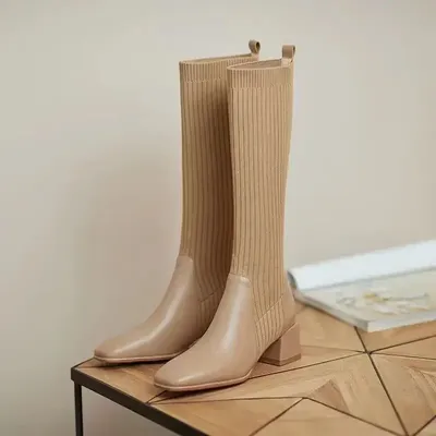Women Boots Socks Boots Elastic Thin Boots Retro Women Autumn Winter Thick Heel Heel Knitting Tube But Knee Boots Women Shoes