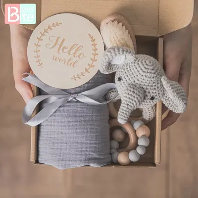 Baby Towel Newborn Bath Toy Set Gifts Box Double Sided Cotton Blanket Wooden Rattle Bracelet Crochet