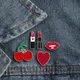 Fashion Cartoon Brooch Red Lipsticks Cherry Heart Enamel Pins Women Corsage Dress Badges Make Up