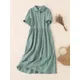 Loose Midi Dress Women Vintage Solid Cotton Dresses Summer Peter Pan Collar Office Lady Shirt Dress