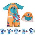 UPF50+ Baby Swimsuit Boys Cartoon Dinosaur Toddler Boy Zipper Swimwear with Sun Hat Rash Guard