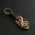 2024 Fashion Vintage Brown Genuine Leather Wing Compass Music Symbol Keychain Charm Handwork Alloy