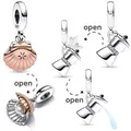 2023 New 925 Sterling Silver Rose Gold Sea Shell & Pearl Dangle Charm Fit Original Pandora Bracelets