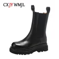 CXJYWMJL Plus Size Genuine Leather Women Chelsea Boots Elastic Band Platform Chimney Boot Ladies