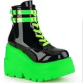 Punk Green Patent Leather Boots For Women Platform Faux Leather Ankle Boots Thick Bottom Fashion