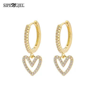 SIPENGJEL Pave Zircon Heart Gold Hoop Earrings For Women Geometry Heart Love Dangle Drop Earrings