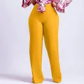 Women Shiny Yellow Capris Pants High Waist Trousers Office Work Lady Full Length Summer Bottoms