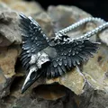 Punk Vintage Raven Skull Pendant Black Stainless Steel Wing Necklace Men Biker Unique Animal Amulet