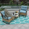 Highsound Outdoor Rocking Chairs Set of 2 with Side Table 3 Piece Wicker Patio Bistro Set with Premium Fabric Cushions Outdoor Furniture (Brown Wicker Chair & Blue Cushion)