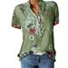 RPVATI Womens Dressy Tops Summer Button Up Henley Compression Shirt Women Short Sleeve Floral Loose Fit Elegant Plus Women Blouses Cotton Linen V Neck Maternity Clothes Green XXL