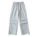 Mrat Cargo Pants Woman Cargo Pants for Women High Waisted Long Drawstring Baggy Linen Pants Linen Wide Leg Pants Long Trouser Straight Leg Loose Pants Light Blue M