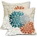 Teal Orange Pillow Covers 18x18 Dahlia Flower White Gray Elegant Colored Throw Pillows Farmhouse Outdoor Decor for Home Living Room Sofa Bed Modern Floral Linen Square Cushion Case Set of 2