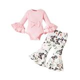 Qtinghua Newborn Baby Girl Fall Outfits Rib Knit Flare Long Sleeve Romper Butterfly/Flower Print Flare Pants 2Pcs Clothes Butterfly Pink 12-18 Months