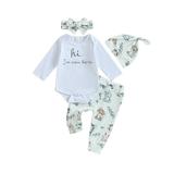 Eyicmarn Baby Boys Fall Outfits Letter Print Crew Neck Long Sleeve Rompers Koala Print Long Pants Hat Headband 4Pcs Clothes Set