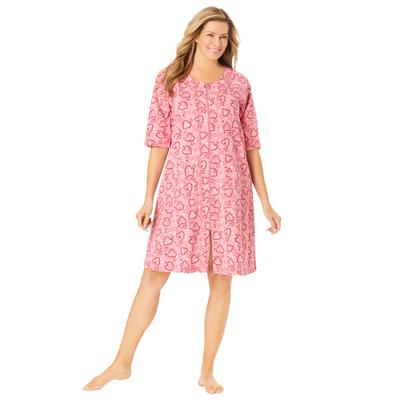 Plus Size Women's Short French Terry Zip-Front Robe by Dreams & Co. in Pink Hearts (Size 2X)
