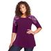 Plus Size Women's Three-Quarter Sleeve Embellished Tunic by Roaman's in Dark Berry Floral Embroidery (Size 14/16) Long Shirt