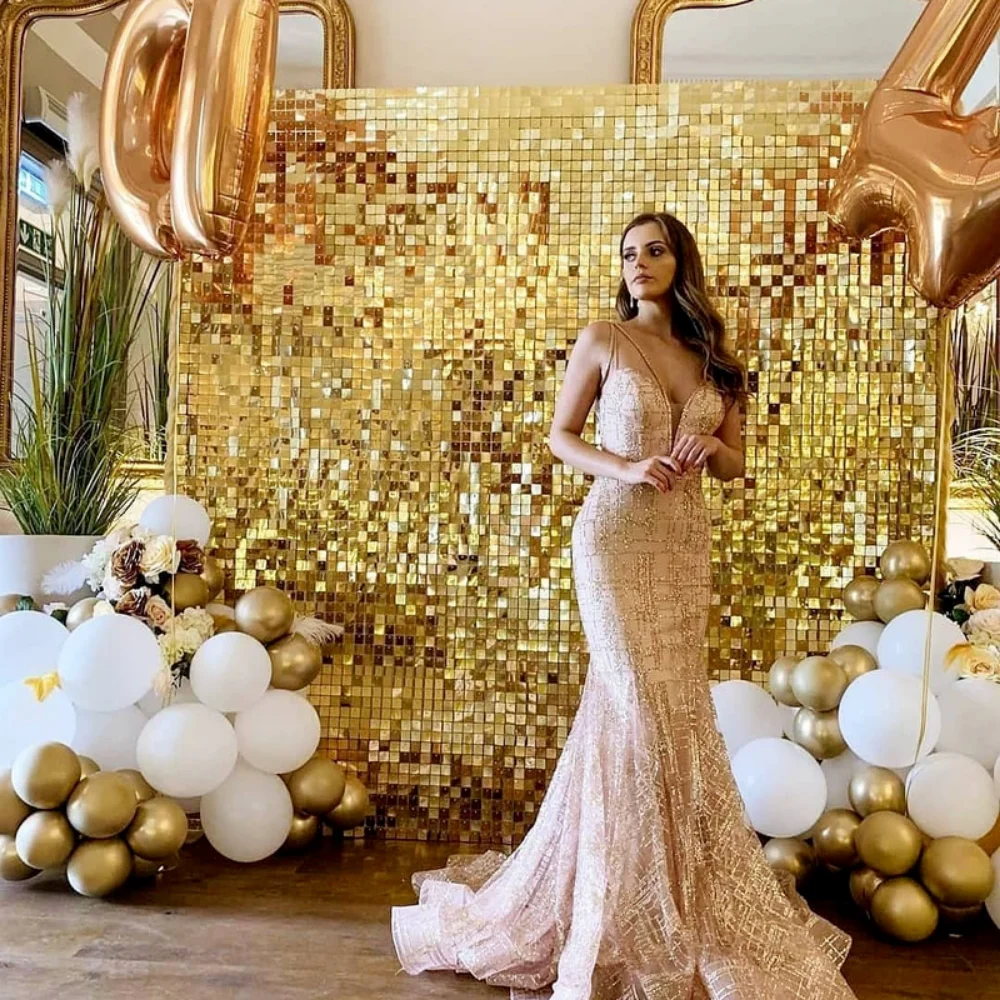 12 stücke goldene Pailletten Hintergrund Panels für Hochzeits feier Baby Dusche Hintergrund Wand dekor schimmern Laser Kulissen Vorhang 30x30cm Image