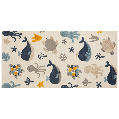 Kinderteppich mehrfarbig 80 x 150 cm aus Baumwolle mit Tiermotiv, handgewebt, Spielmatte