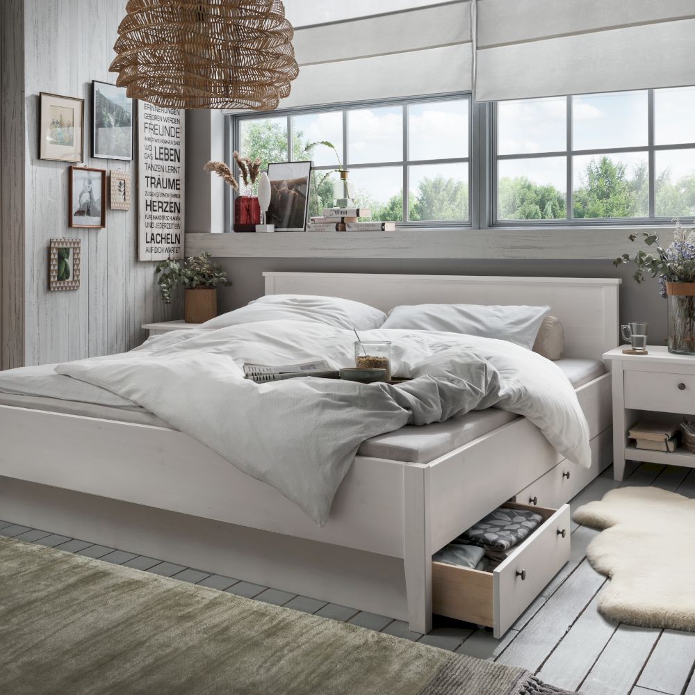 Massivholz »Solvita« Bett weiß 160x200 cm / weiß / mit 3 Bettkästen