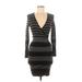 Ann Taylor LOFT Casual Dress - Bodycon Plunge Long sleeves: Black Print Dresses - Women's Size 2X-Small Petite