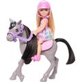 Barbie Chelsea und Pony Puppe und Pony - Aufsatteln zur Spielzeit für sicheres Sitzen auf dem Pferd, rosa Sattel und Steigbügeln, inklusive Helm und süßem Karo-Kleid, für Kinder ab 3 Jahren, HTK29