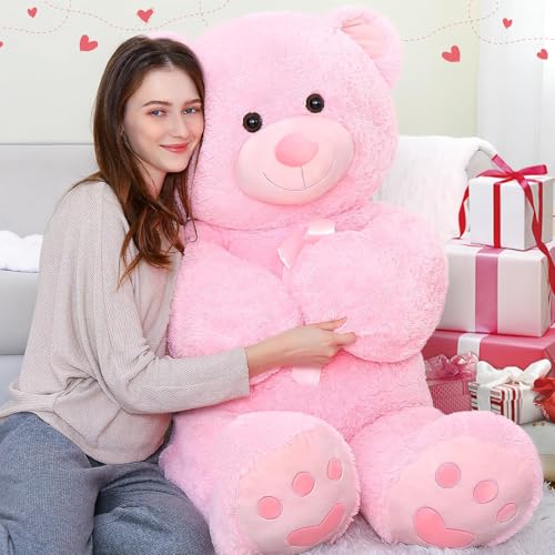 MorisMos Giant Pink Teddy Bear for Girls, 120cm Big Bear Plush Stuffed Animal Soft Toy Cuddly Large XXL, Kawaii Presents for Girlfriend Kids Valentines Day Birthday Party Decorations
