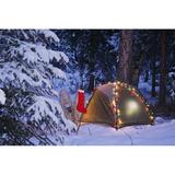 A Tent Is Set Up In The Woods With Christmas Lights And Stocking Near Anchorage Alaska by John Delapp / Design Pics