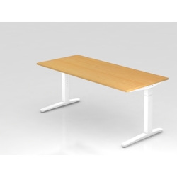 PROREGAL Schreibtisch Mika | Buche | Weißes Gestell | BxT 180x80cm | Arbeitshöhe 65-85cm | höhenjustierbar, 1cm Raster | C-Fuß-Gestell | Bürotisch Image