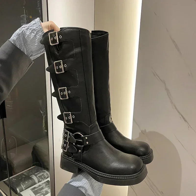 Frau Stiefel Kniehohe Plattform Elegante Niedrigen Absatz Trend Punk Gothic New Rock Leder Mode frauen Schuhe Motorrad Schuhe