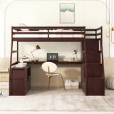 Loft Bed with Study Desk, 2 Shelves, 7 Drawers & Full-Length Rail - Solid Wood Slats Support - Twin Size Kids' Bedroom Furniture