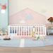 Twin Size Solid Wood Floor Bed Frame with Fence and Door, Slats Not Included, Designed for Toddlers, Kids, and Babies