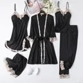 Women Black Lace Kimono Robe Sets Sexy Nightgown Bride Dressing Gown Sleepwear Rayon Pyjamas Suit