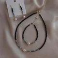 Luxury Fashion Natural Black Spinel Moonstone Pearl Necklace Earring Bracelet Set Gemstone Beaded